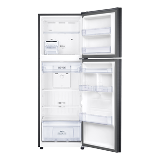 Tampilan depan Samsung RT29 Kulkas 2 Pintu warna hitam ketika 2 pintu di buka bersamaan