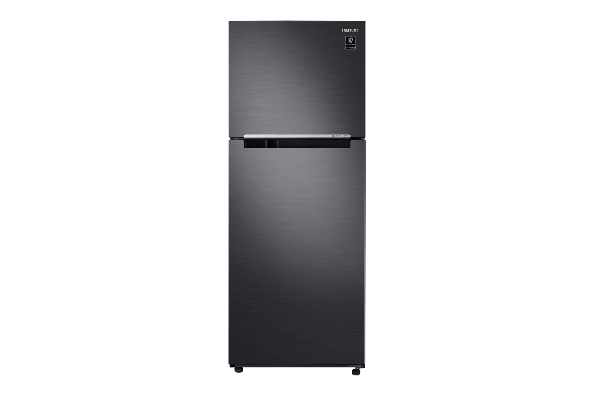 Samsung RT38 Kulkas 2 Pintu dengan Twin Cooling Plus 397L (perak) terlihat dari depan. 2 pintu desain bergaya.