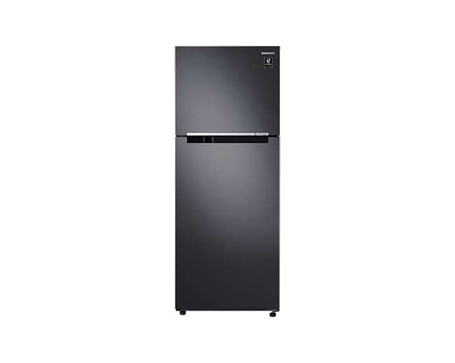 Samsung RT38 Kulkas 2 Pintu dengan Twin Cooling Plus 397L (perak) terlihat dari depan. 2 pintu desain bergaya.