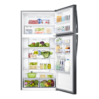 id-top-mount-freezer-rt62k7011bs-se-sisi-depan-terbuka-dengan-makanan-mineralashblack