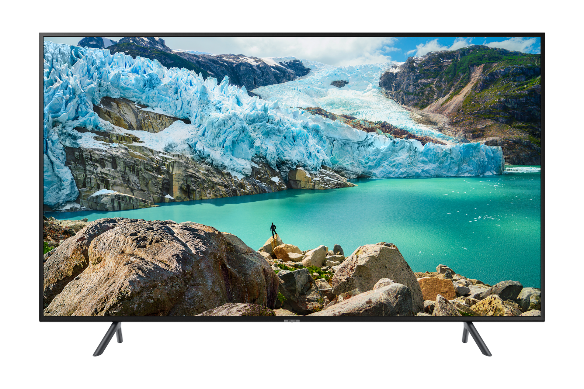 TV 50 inch Samsung (UA50RU7100KPXD) warna hitam, tampilan depan kanan