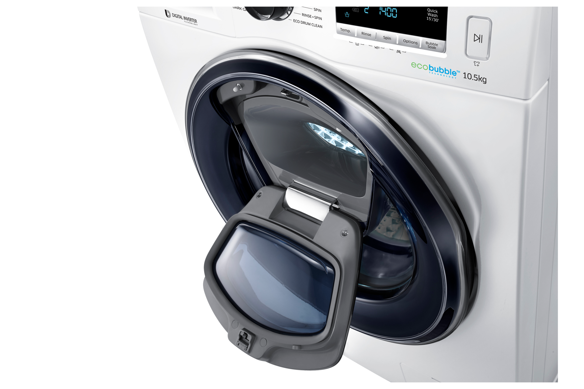 10.5kg mesin cuci front loading (WW10K6410QW/SE), tampilan detail pintu & panel