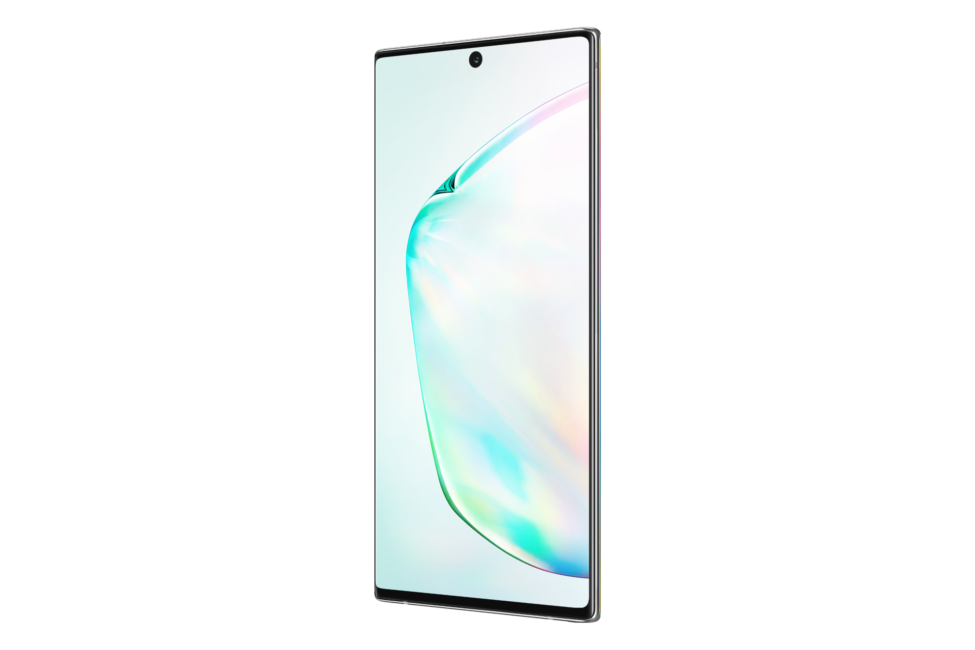 HP Galaxy Note 10 Plus Aura Glow 256GB tampilan depan kanan, cek harga Samsung Note 10+ resmi SEIN di sini.