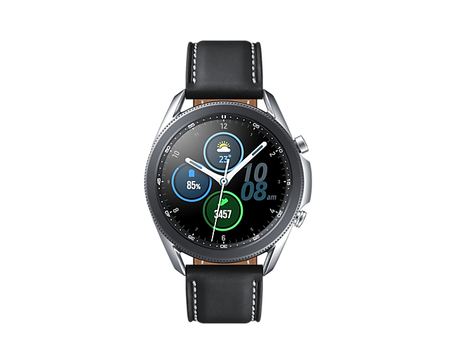 Samsung Galaxy Watch 3 R840 warna Silver, tampilan depan sudut vertikal