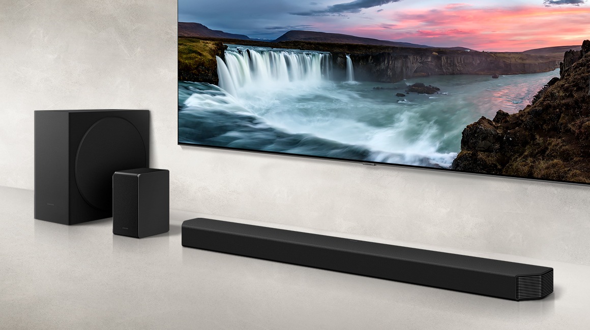 Soundbar set placed under a TV