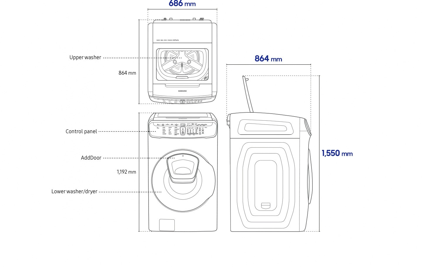 Dimensions of Samsung 21 Kg Front Load Washing Machine