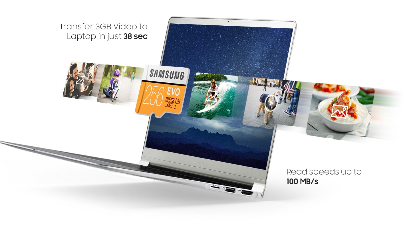 4K UHD video recording in 256 GB Samsung EVO Plus Micro SD cards