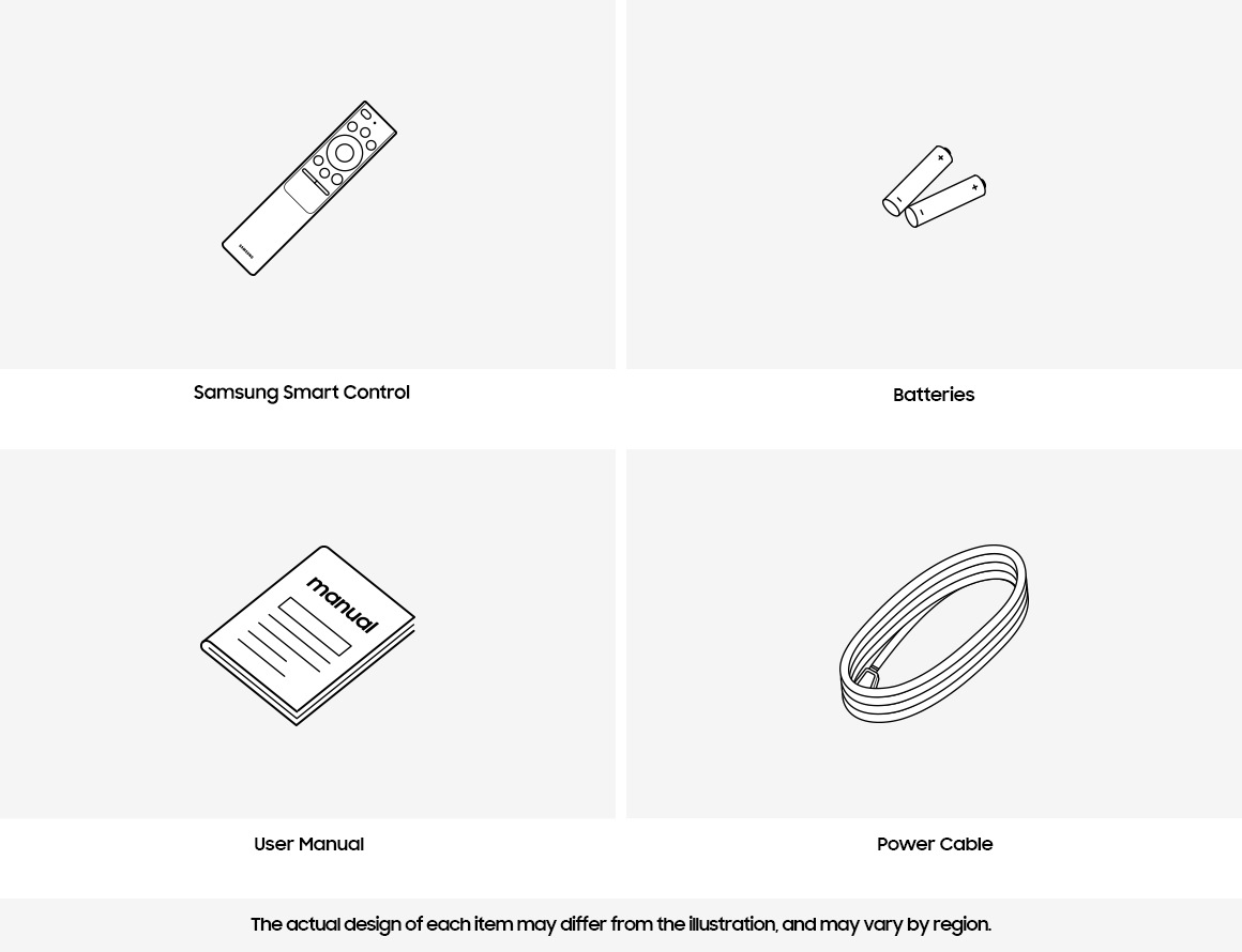 Samsung 2020 QLED TV box contains remote control, batteries, cable, and manual