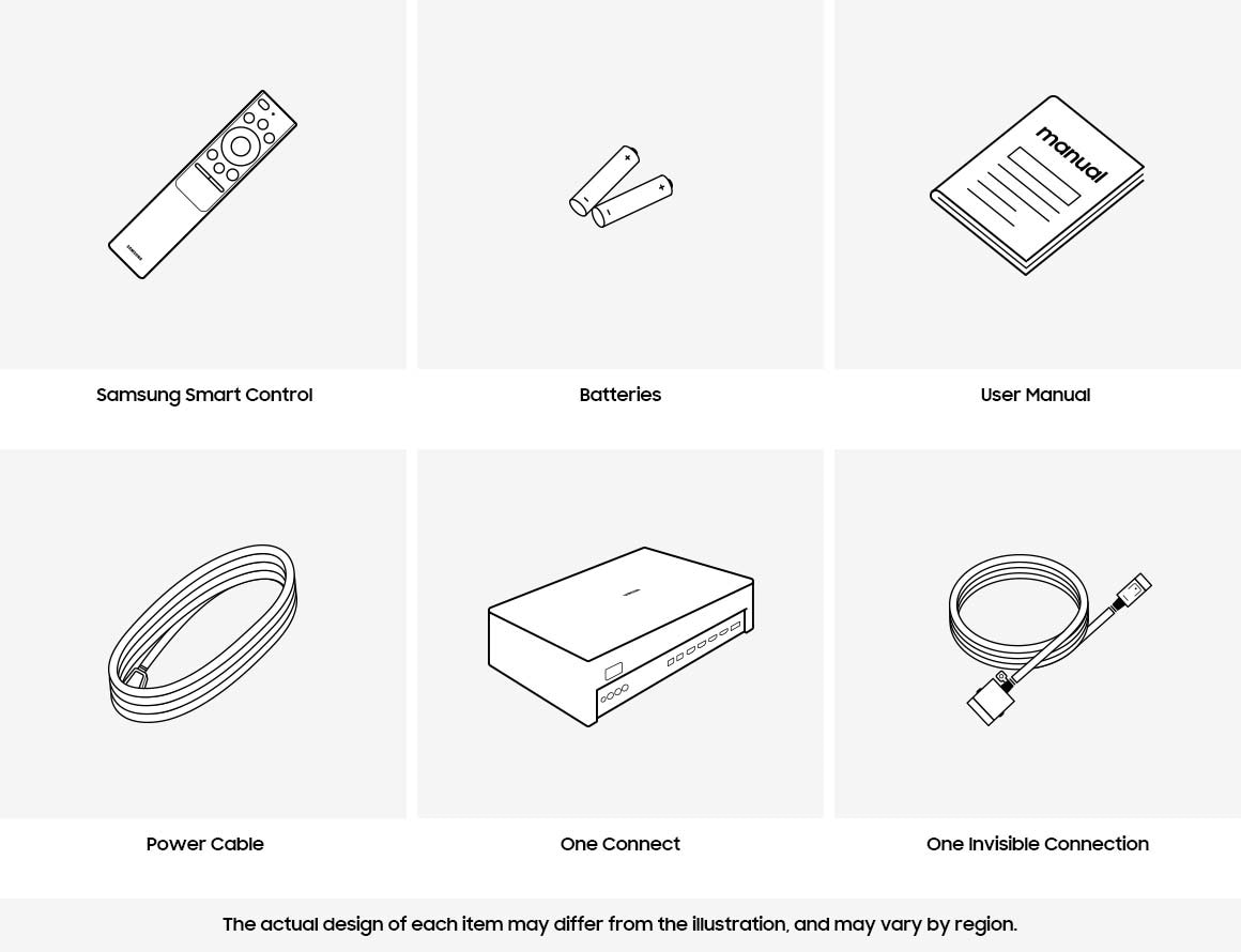 Samsung QLED TV accessories provided include OneConnect and remote control
