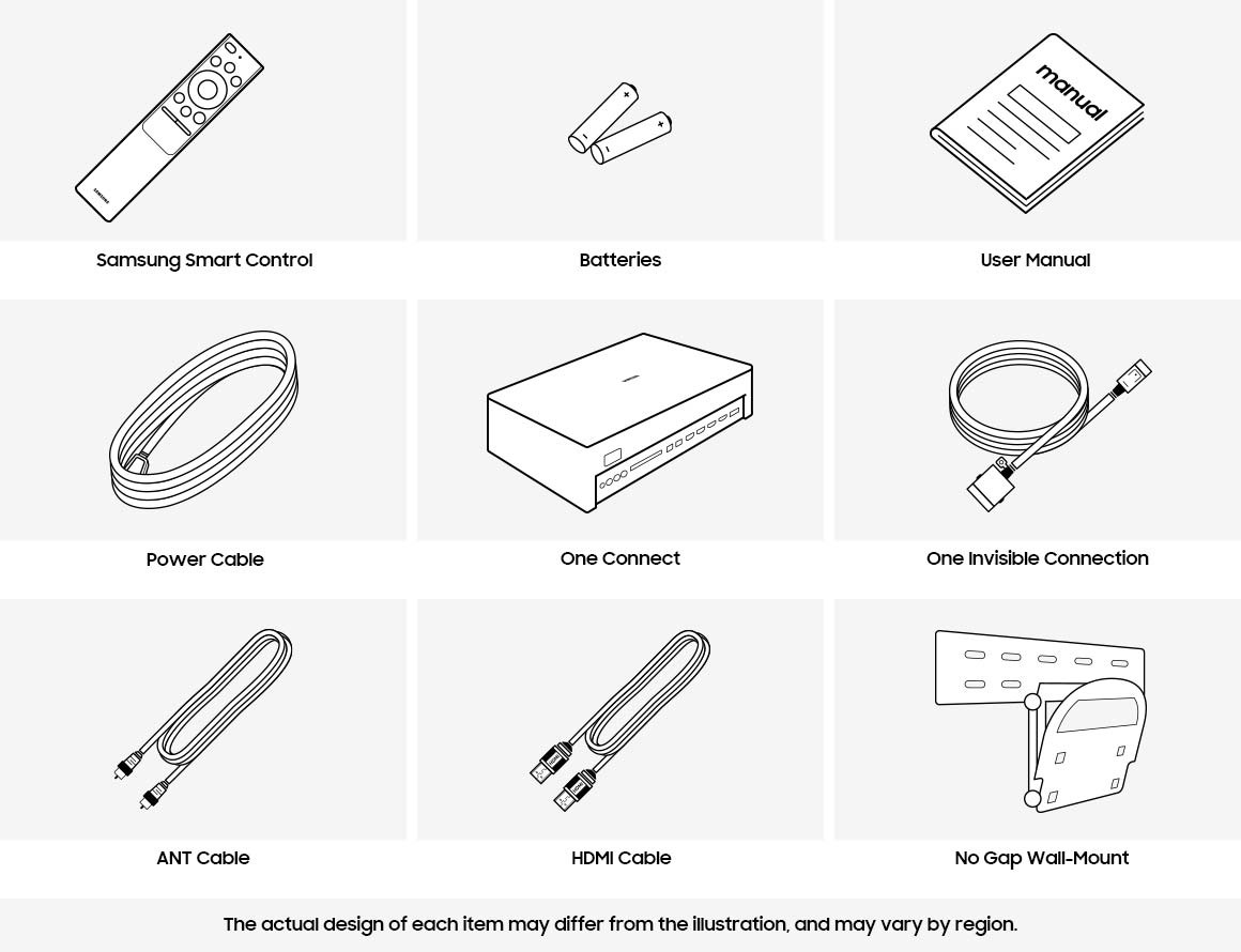 Samsung QLED TV accessories provided include OneConnect and remote control