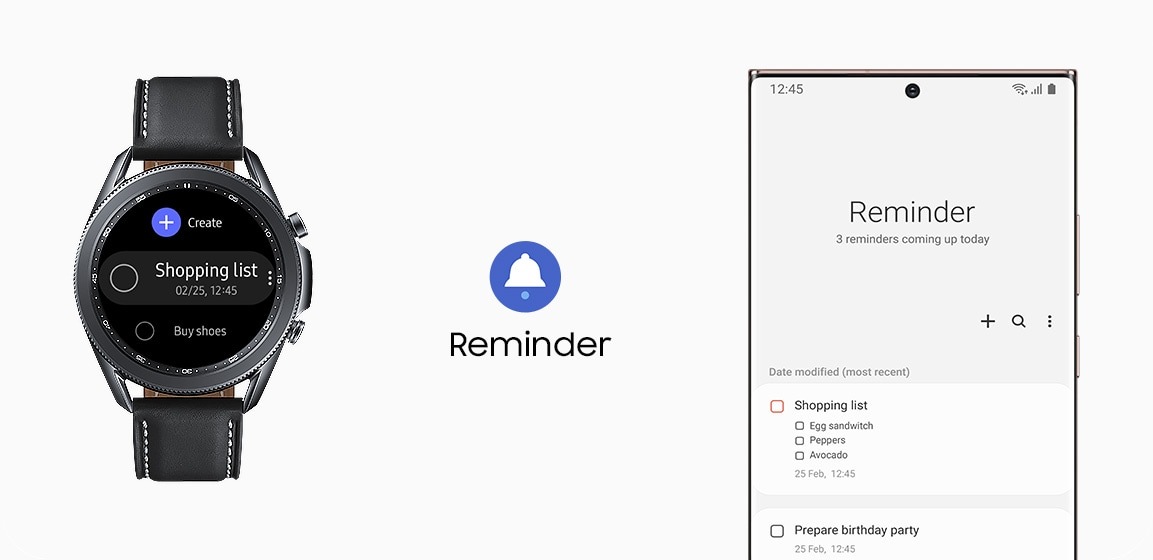 45mm Galaxy Watch3 in Mystic Black is connected to a Galaxy smartphone showing Reminder GUI.