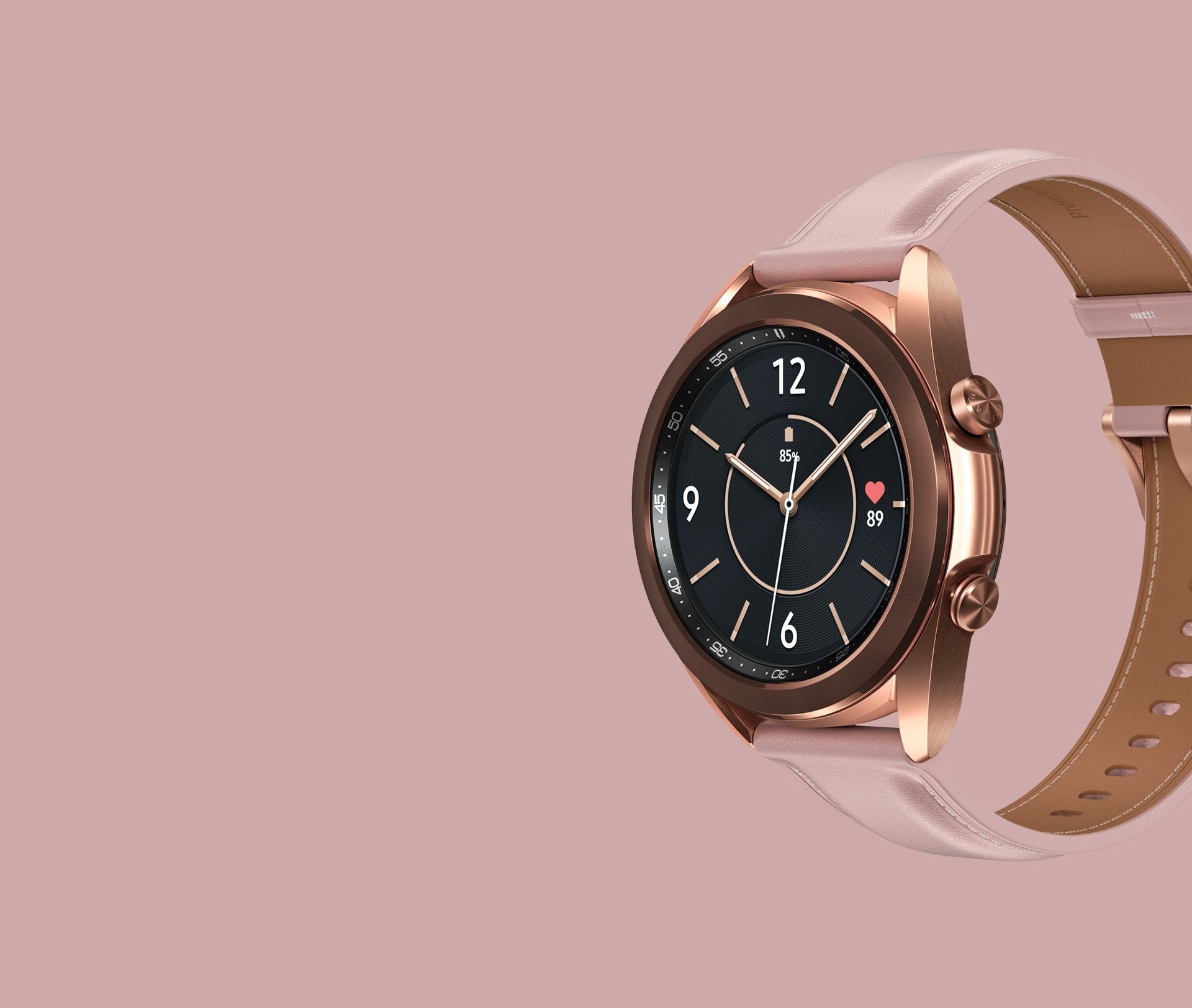 41mm Galaxy Watch3 in Mystic Bronze with a Female Classic Watch Face seen from an angle