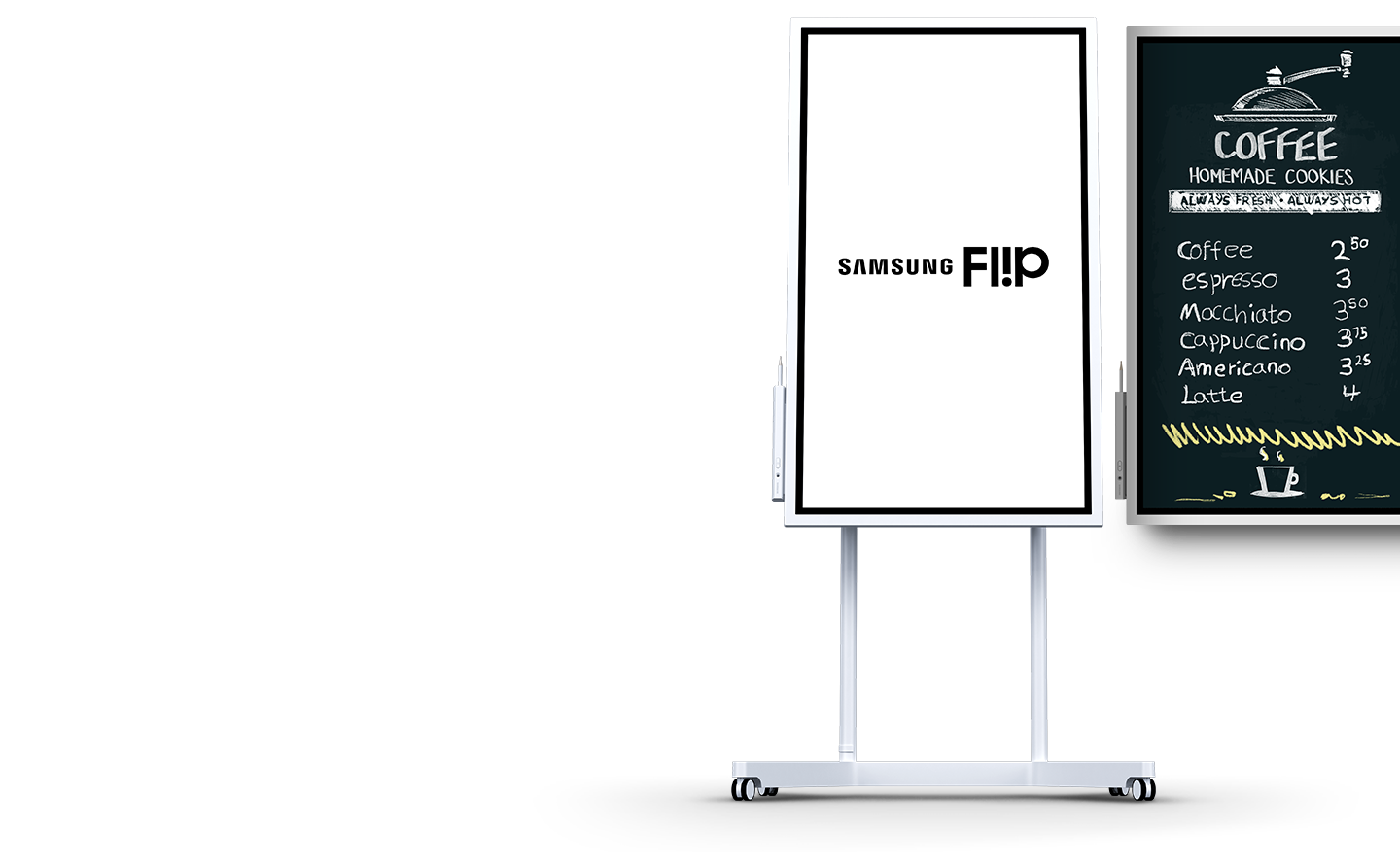 To the left, a stand-up Flip displays the Samsung Flip logo, while a wall-mounted Flip display unit on the right shows a coffee shop menu.