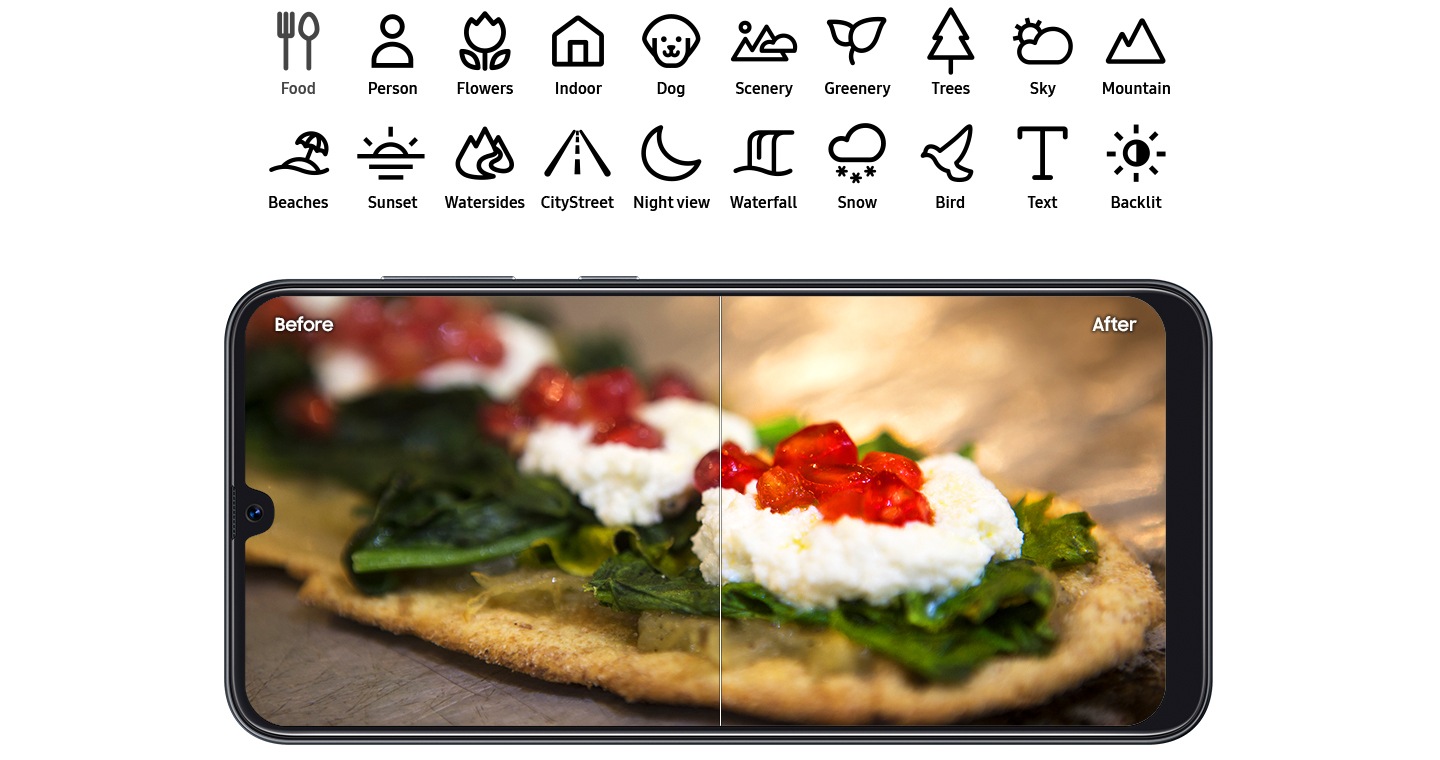 بهینه‌ساز منظره برای عکس‌هایی که ارزش به اشتراک‌گذاشتن را دارند در مشخصات دوربین گوشی Galaxy A50