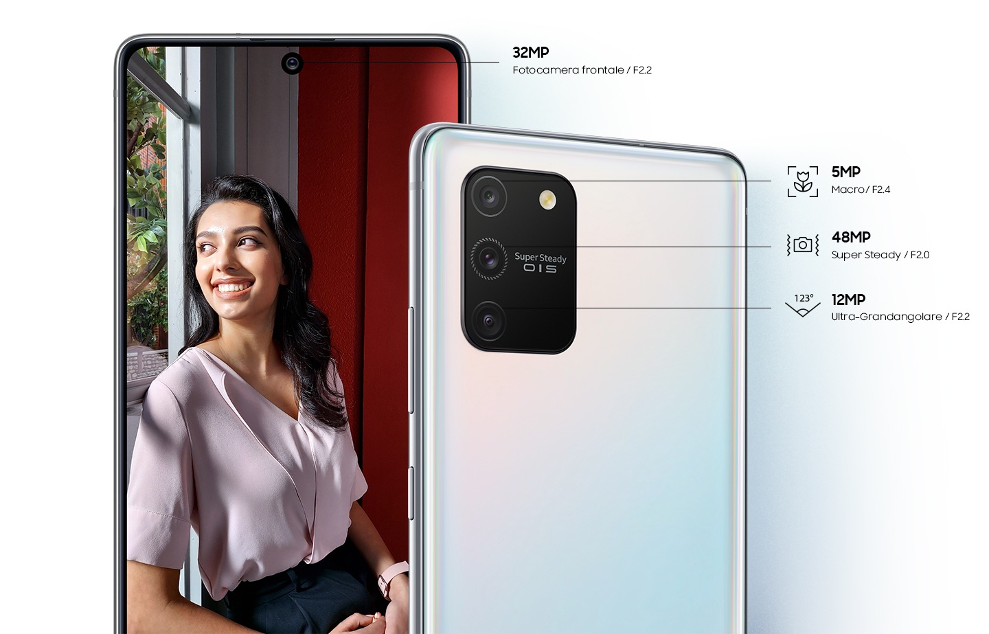 S10Lite offre diverse fotocamere professionali: una fotocamera grandangolare da 123°, una fotocamera macro e una  fotocamera anteriore da 32 MP