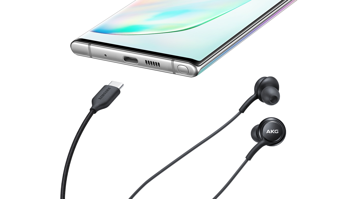 black samsung akg earphones that, thanks to the type C cable, easily connect to your Galaxy Note
