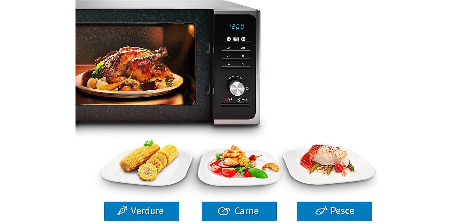 Samsung MG23F302TAK Forno Microonde Grill, 800 W, Grill 1100 W, Healthy  Cooking, 23 Litri, Nero/Argento, 40 x 49 x 30 cm