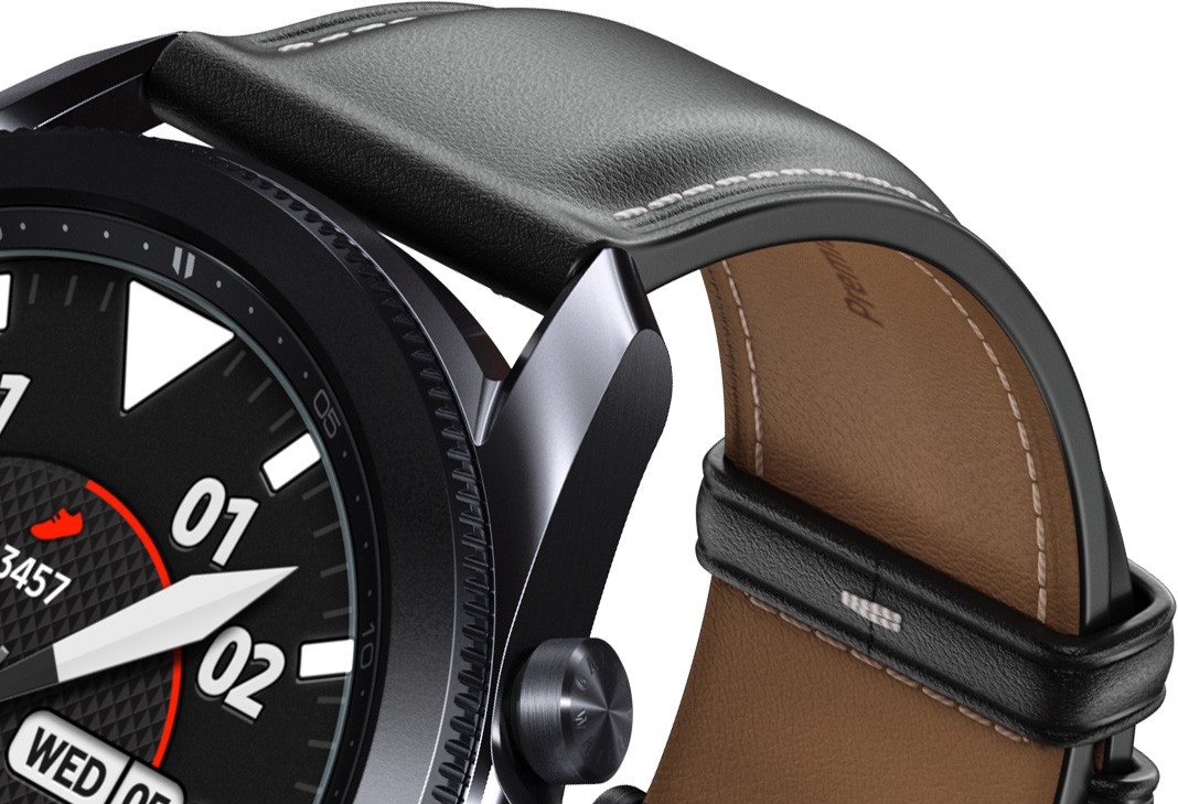 Vista desde abajo de un Galaxy Watch3 de 41 mm en bronce místico y un Galaxy Watch3 de 45 mm en negro místico, que resalta la correa de cuero prémium.