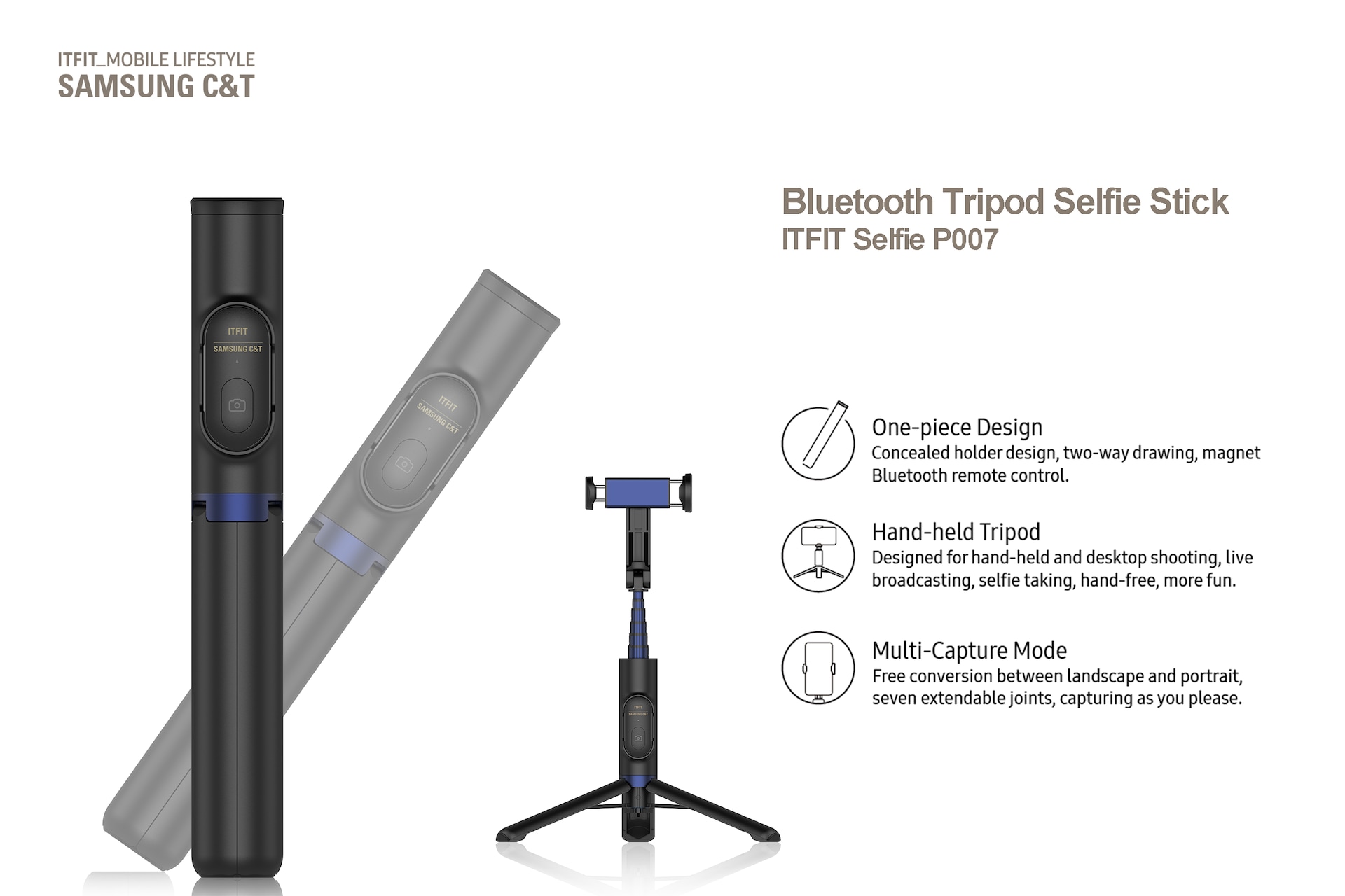 Samsung Bluetooth Selfie Stick & Tripod GP-TOU020SAABW - Black