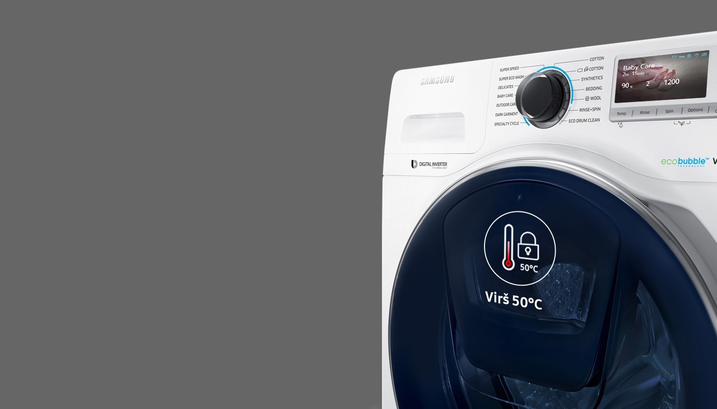 AddWash™ skalbimo mašinos perspektyvinė nuotrauka. Ekrane matyti parinktas Baby Care ciklas, kurio metu drabužiai skalbiami aukštos temperatūros vandenyje. Ant durelių matyti termometras; temperatūra kyla iki 90 °C.