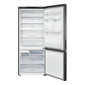 Samsung 500L Black Refrigerator with Bottom Mounted Freezer and Digital Inverter Technology (RL4003SBABS/ME), front view with doors opened