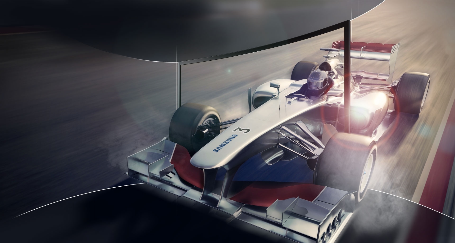 CF390 curved monitor with its 1800mm radius of arc for the most deep immersive viewing experience. A car racing content is displayed on the curved monitor