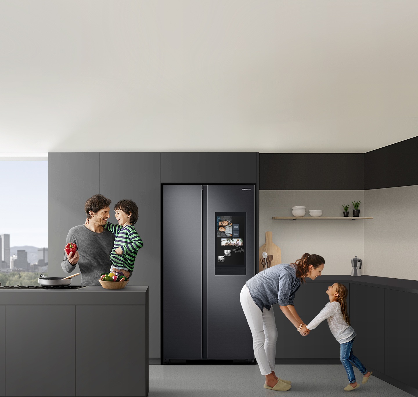View the Samsung Side by Side Refrigerator in a kitchen, with Family Board in front & discover the feature that helps you share family moments and news easily!