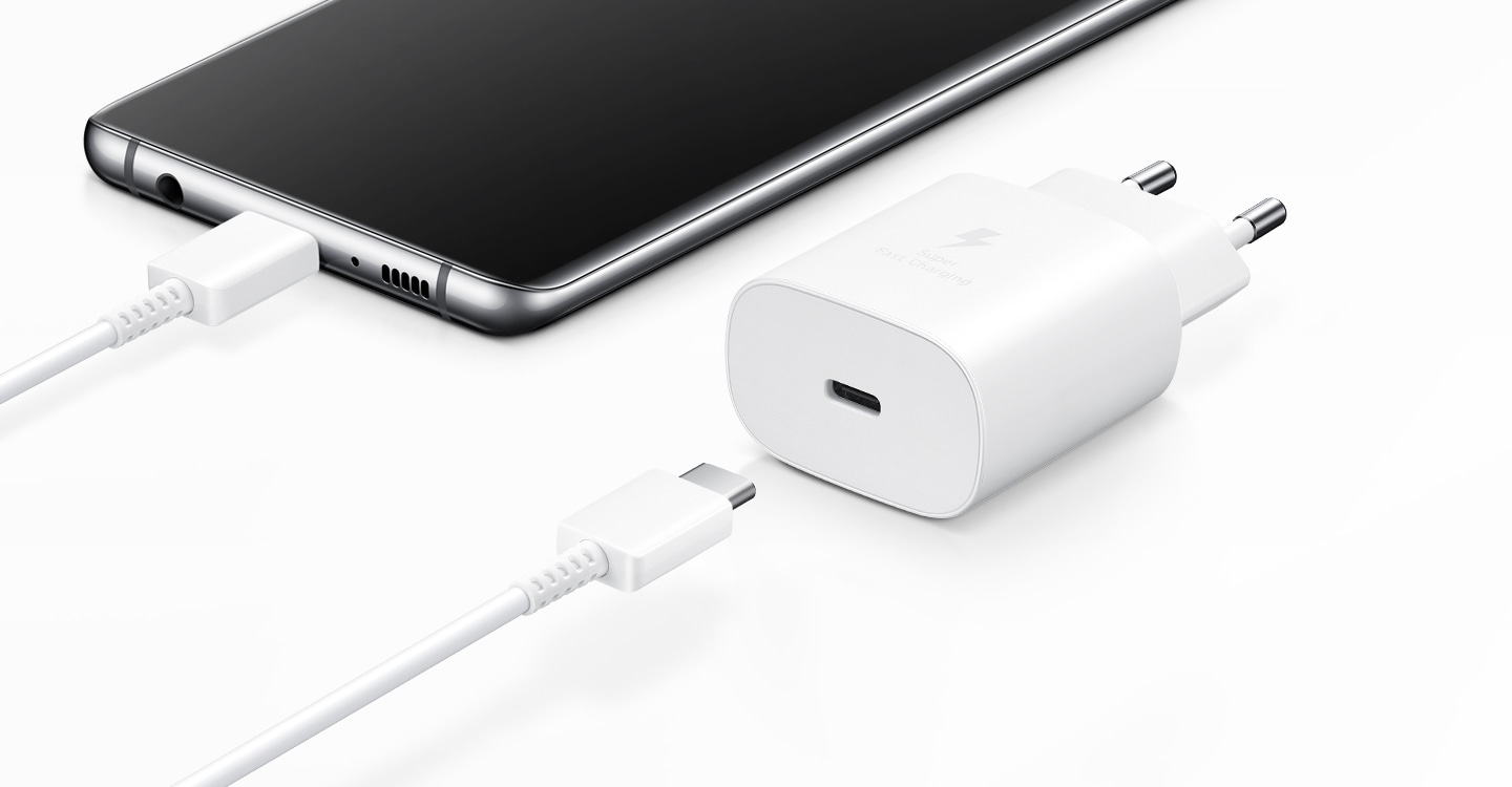 Samsung 25W charger with detachable USB-C to USB-C cable in white. Get Samsung charger original at best price now!