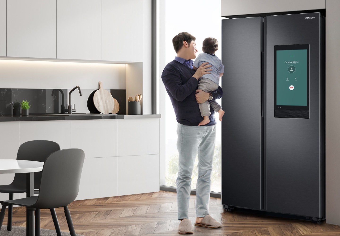 See Samsung Side by Side Refrigerator with Family Hub, 660L in a kitchen & explore how to make & receive phone calls hands-free with the Bluetooth call feature!