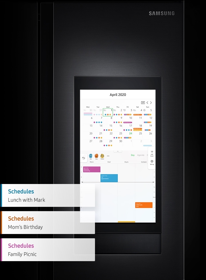 View Calendar dashboard on the Samsung Side by Side refrigerator with Family Hub & learn how to synchronize the schedules with Google or Microsoft 365 calendars!