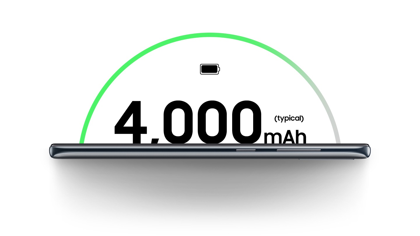 Check out the price of Samsung Galaxy A50 and buy now. Galaxy A50 laid horizontally with the side facing forward. Written above is 4000mAh (typical) and a battery icon on top of it.