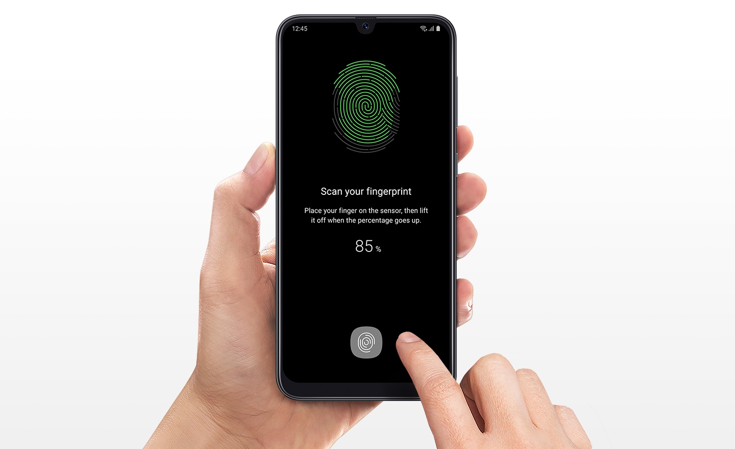 Buy Samsung Galaxy A50 at best price in Malaysia. Image of a hand holding a phone with a finger is hovering above the Galaxy A50's fingerprint sensor