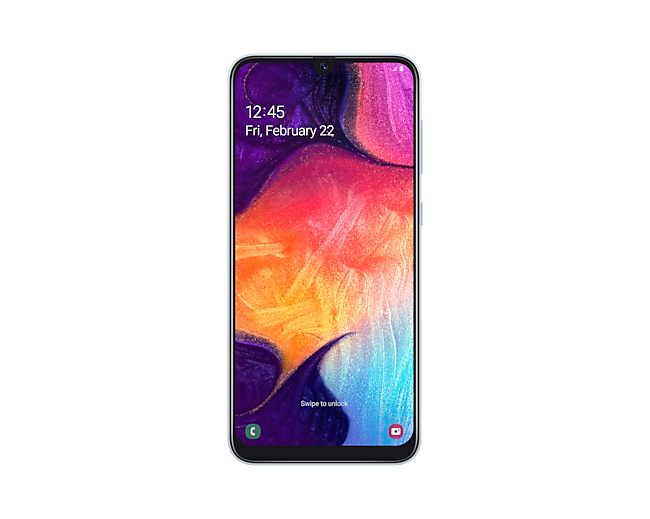 Compare the Samsung A50 price, specs and features in Malaysia now. Galaxy A50 in white is seen from the front view showing its 6.4-inch FHD+ sAMOLED Infinity-U Display