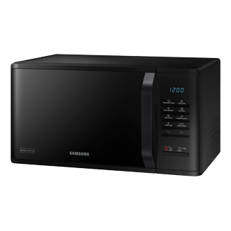 Left perspective view of the Samsung Solo Microwave Oven with Quick Defrost 23L (Black).