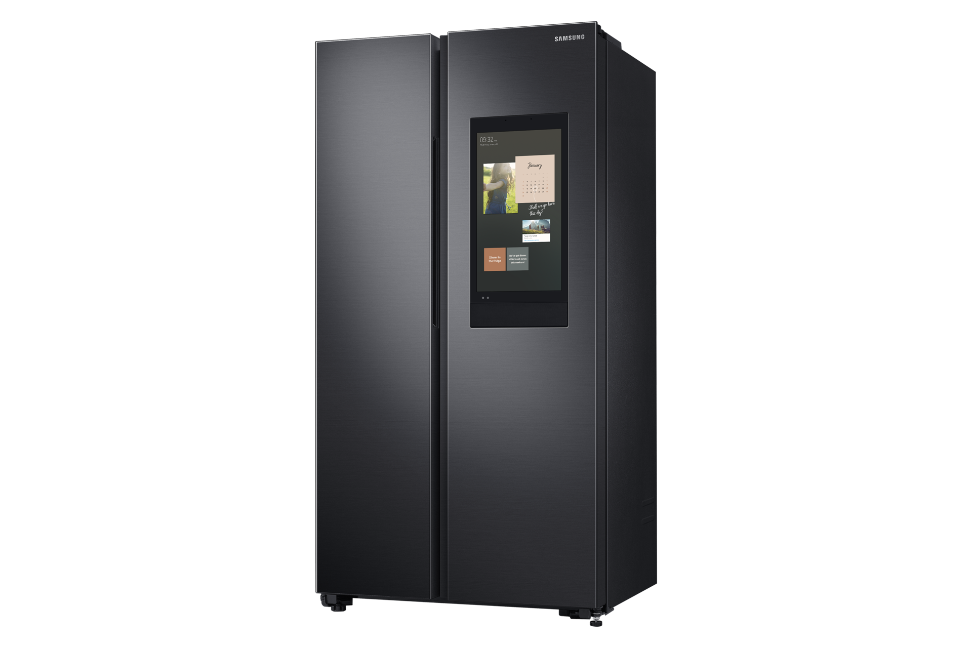 View the black Samsung Side by Side Refrigerator with Family Hub screen in front of the door & explore more about this 2 door refridge at Samsung MY!