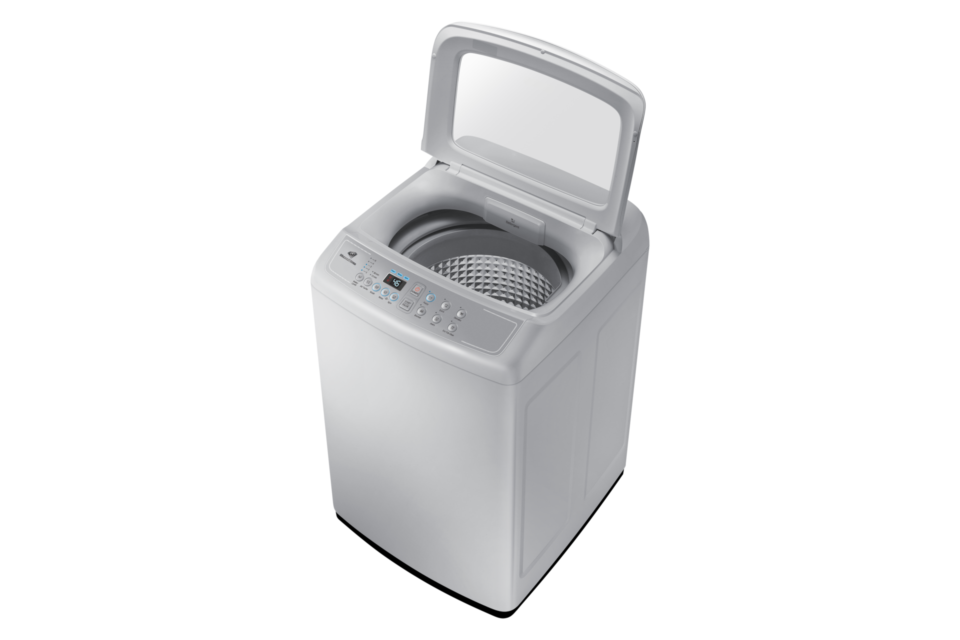  Samsung 7kg Top Load Washing Machine in Gray - Dynamic View with Lid Open