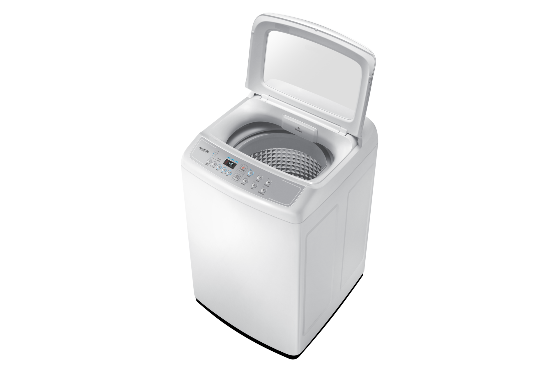  Samsung Top Load Washing Machine 7.5kg in White - Right Perspective View with Lid Open