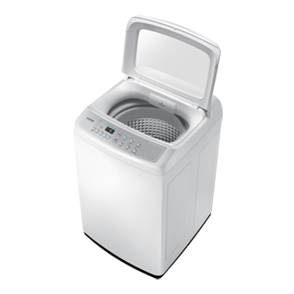  Samsung Top Load Washing Machine 7.5kg in White - Right Perspective View with Lid Open