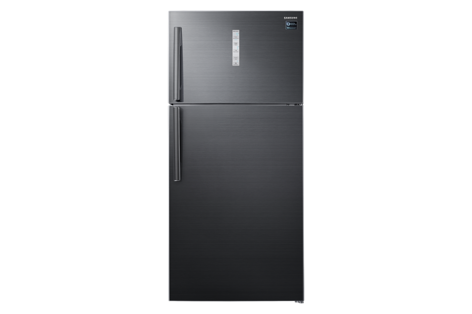 Samsung Top Mount Freezer with Twin Cooling Plus Fridge, 711L (black) seen from the front. Comes with a stylish 2-door design.