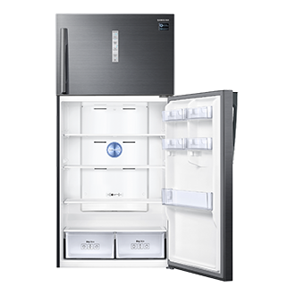 Samsung Top Mount Freezer with Twin Cooling Plus Fridge, 711L (black) seen from the front. Bottom fridge door is open to reveal the shelves and fresh box compartments.