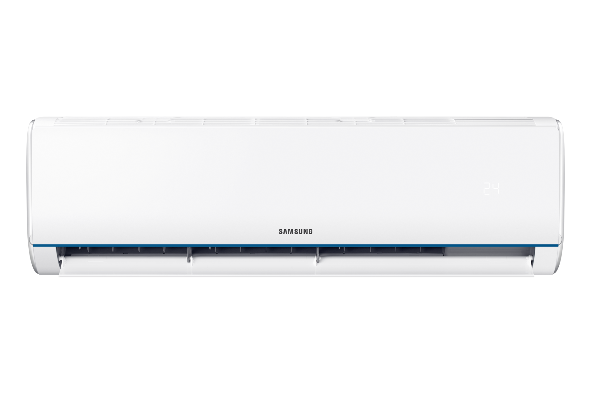 Front view of the Samsung Air Conditioner S-Essential (2.5HP) switched on with the air vent open.