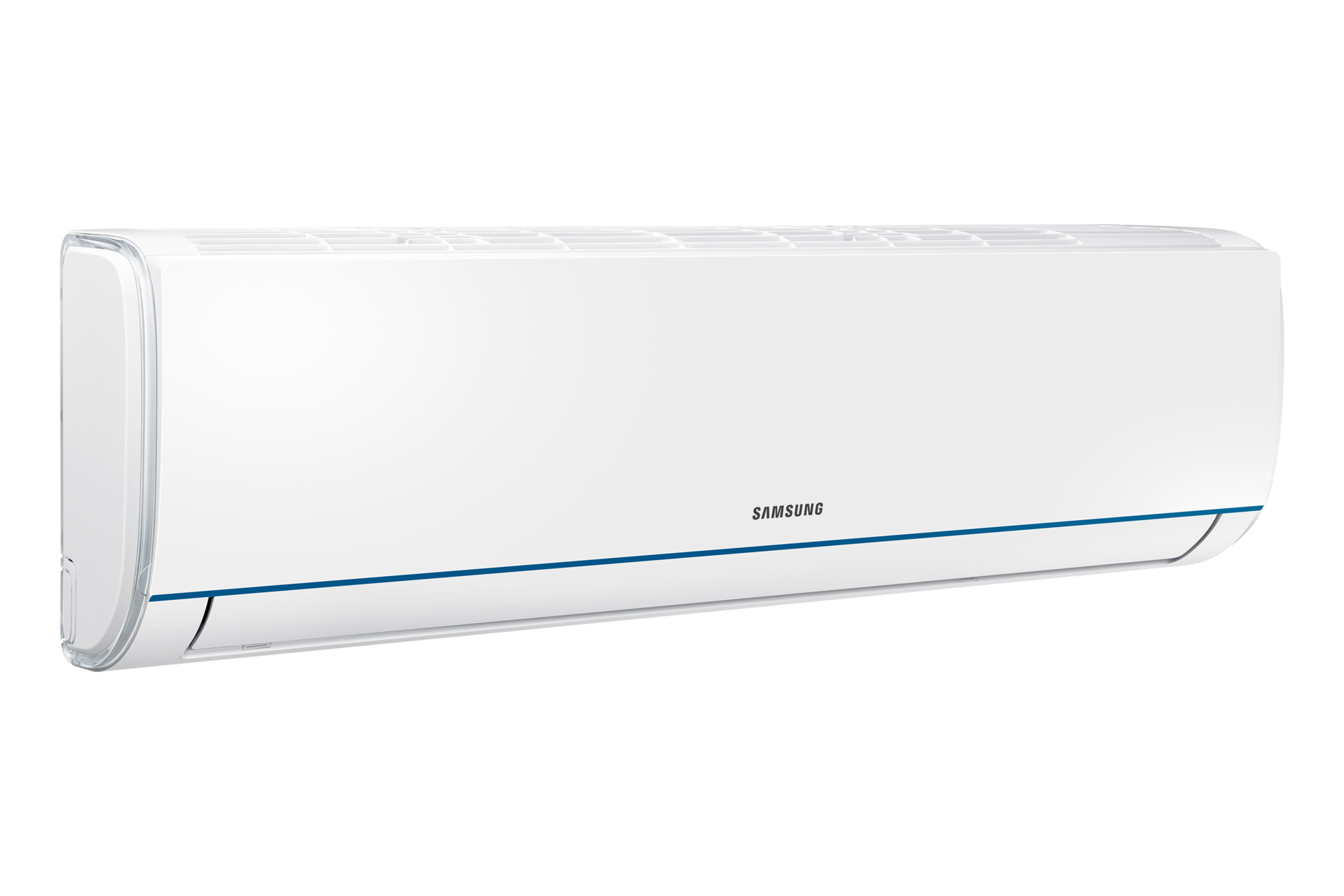 Left view of the Samsung Air Conditioner S-Essential (2.5HP) with HD Filter, Fast Cooling, and Good Sleep technology.