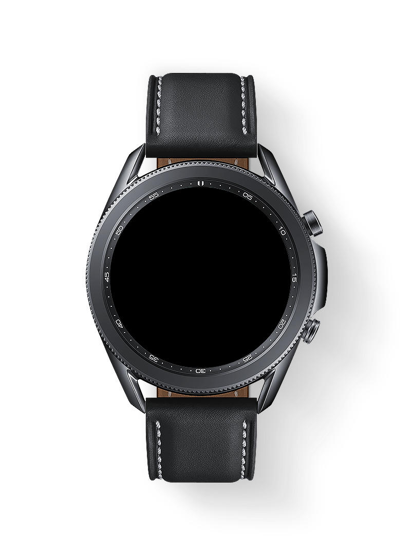 Messages show the sending and receiving messages. A selfie is received, zooming out to show the 45mm Galaxy Watch3 in Mystic Black with Smart Reply GUI.