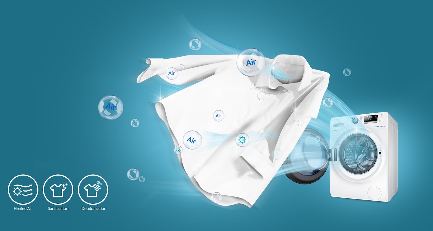 La technologie Air Wash désodorise et lave vos vêtements afin qu’ils sentent toujours le linge propre. Les mauvaises odeurs et les bactéries sont éliminées sans utiliser d’eau, de détergent ou d’autres produits chimiques, simplement avec de l’air chauffé.