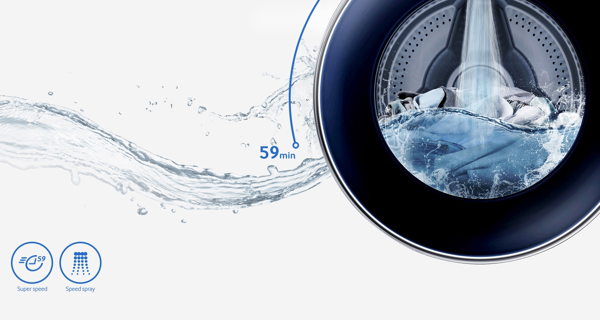 La nouvelle machine à laver Samsung peut laver votre linge en 59 minutes seulement. Elle utilise la technologie Speed Spray pour un rinçage plus efficace des vêtements et la vitesse d’essorage est plus élevée afin que votre machine termine son cycle en 59 minutes.