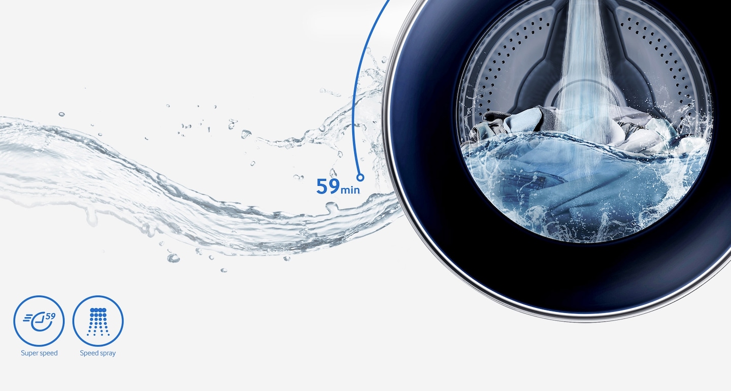 La nouvelle machine à laver Samsung peut laver votre linge en 59 minutes seulement. Elle utilise la technologie Speed Spray pour un rinçage plus efficace des vêtements et la vitesse d’essorage est plus élevée afin que votre machine termine son cycle en 59 minutes.