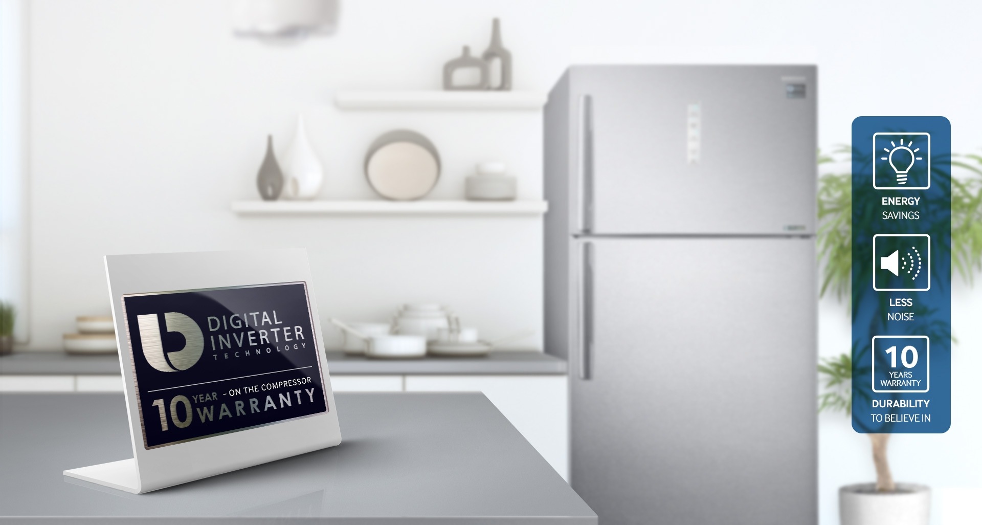 La technologie d’onduleur numérique Digital Inverter ajuste automatiquement la vitesse du compresseur sur 7 niveaux différents en fonction des besoins de refroidissement. Elle réduit ainsi la consommation énergétique, le niveau sonore et l’usure du moteur pour des performances exceptionnelles et longue-durée.