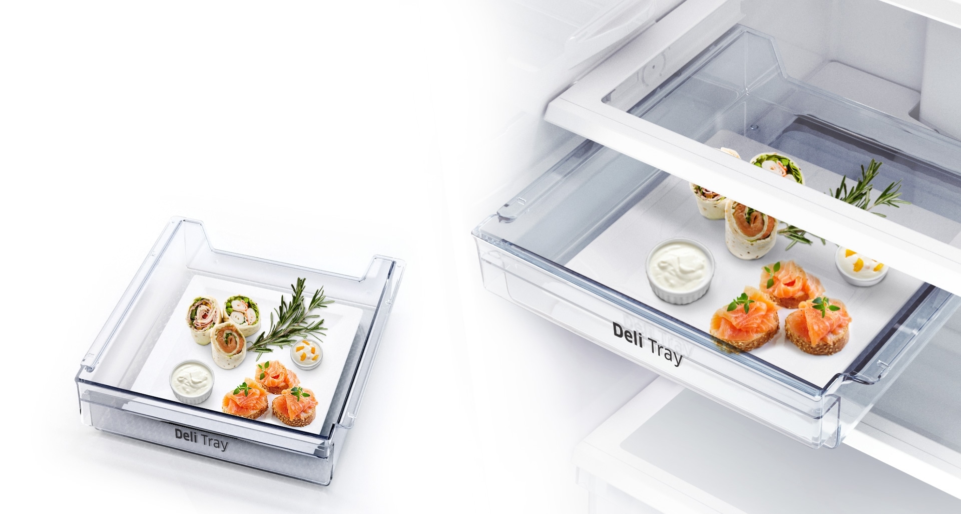 Le Deli Tray amovible se caractérise par un design compact qui utilise efficacement « l’espace perdu » à l’intérieur des réfrigérateurs. Ce plateau vous permet de ranger les aliments de choix ou que vous venez de préparer et de les servir directement à table.