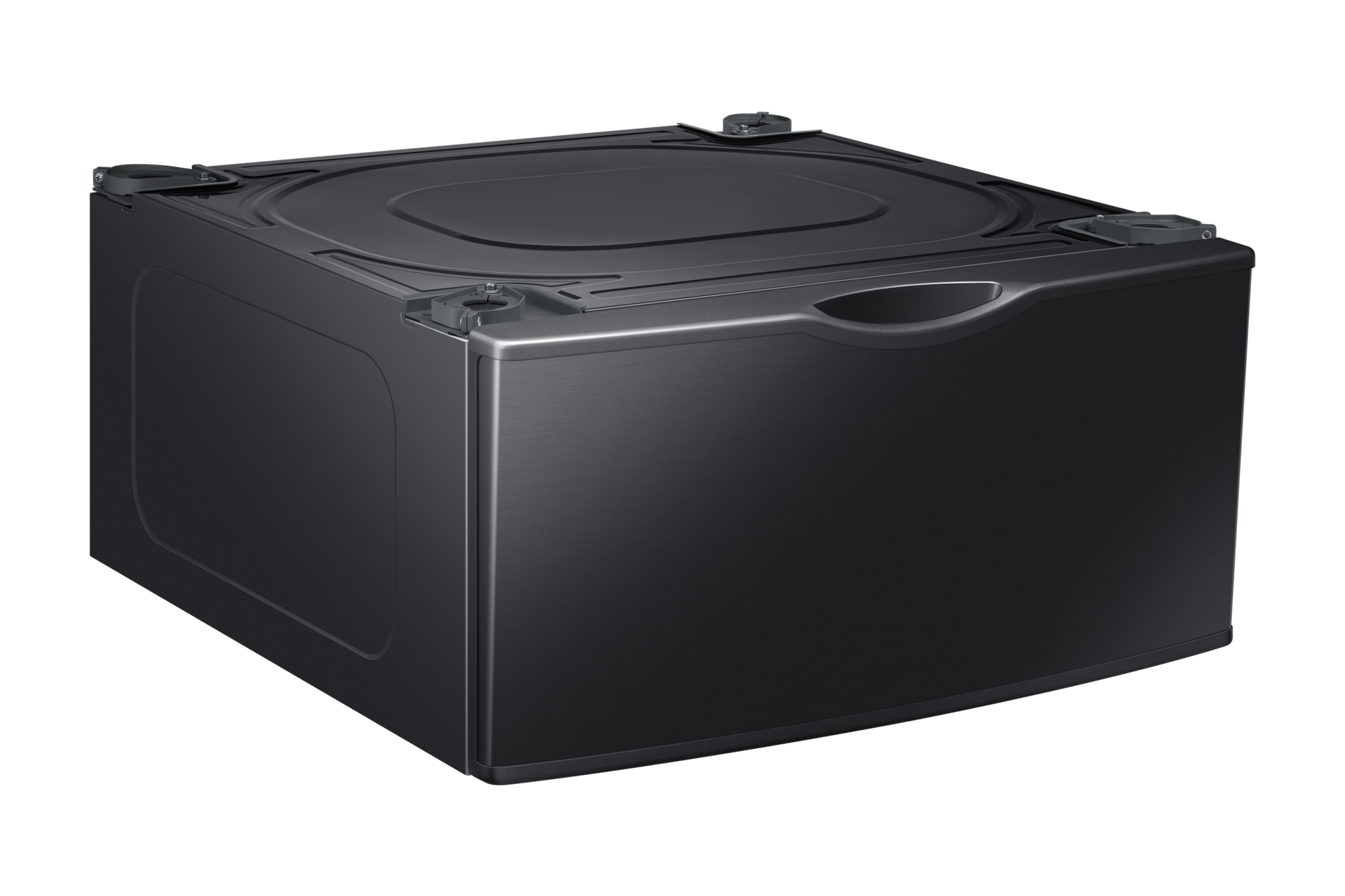 Explore 27" Pedestal base for Washer and Dryer with storage features now. Black pedestal seen in left perspective view