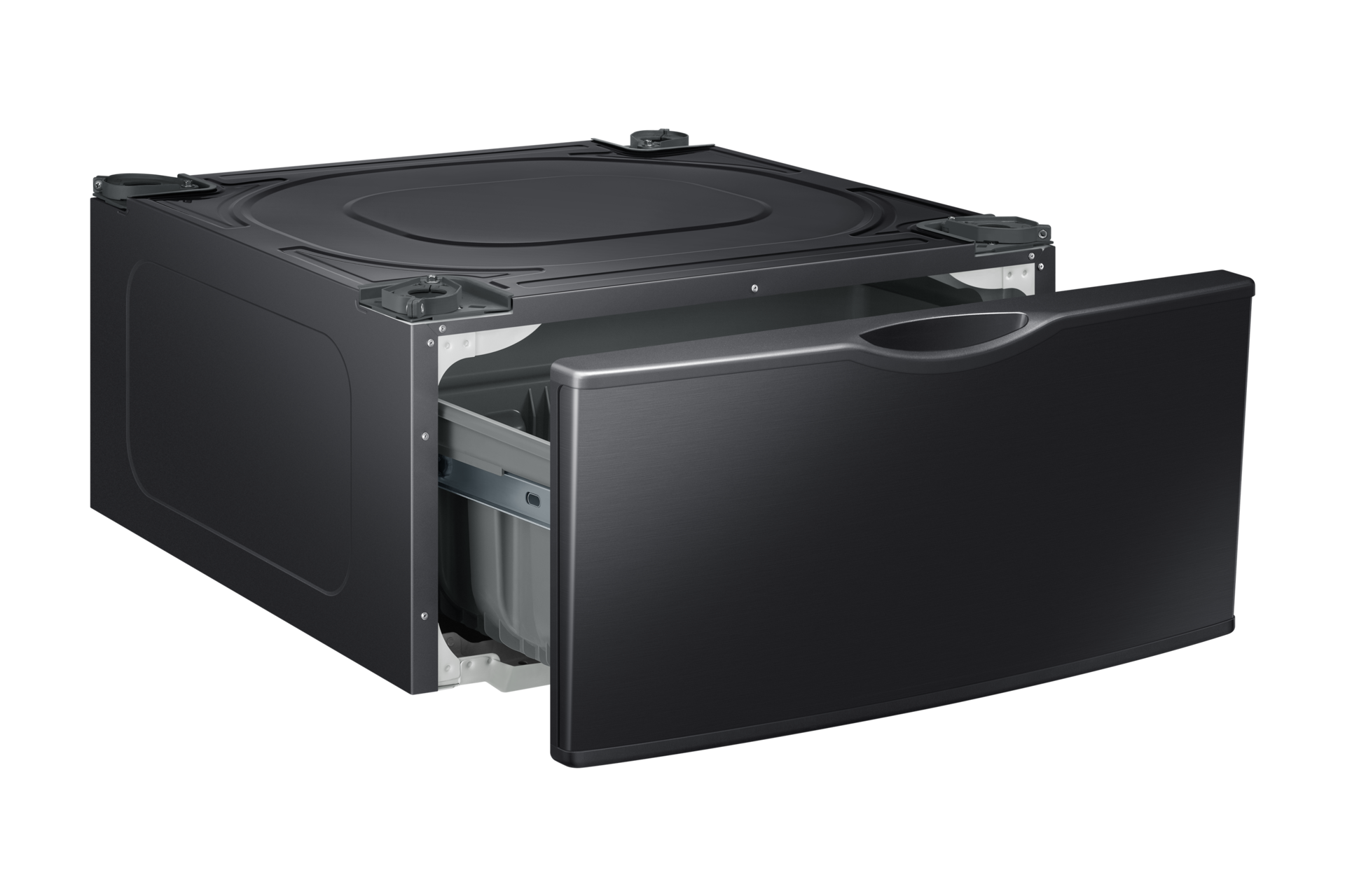 Get 27" Pedestal base for Washer and Dryer with storage now. Pedestal seen in left perspective view with open drawer